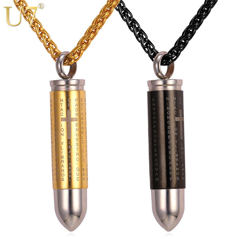 U7 New Stainless Steel Bullet Pendant Men Necklace Two Use Wholesale Trendy Gold Cross Bible